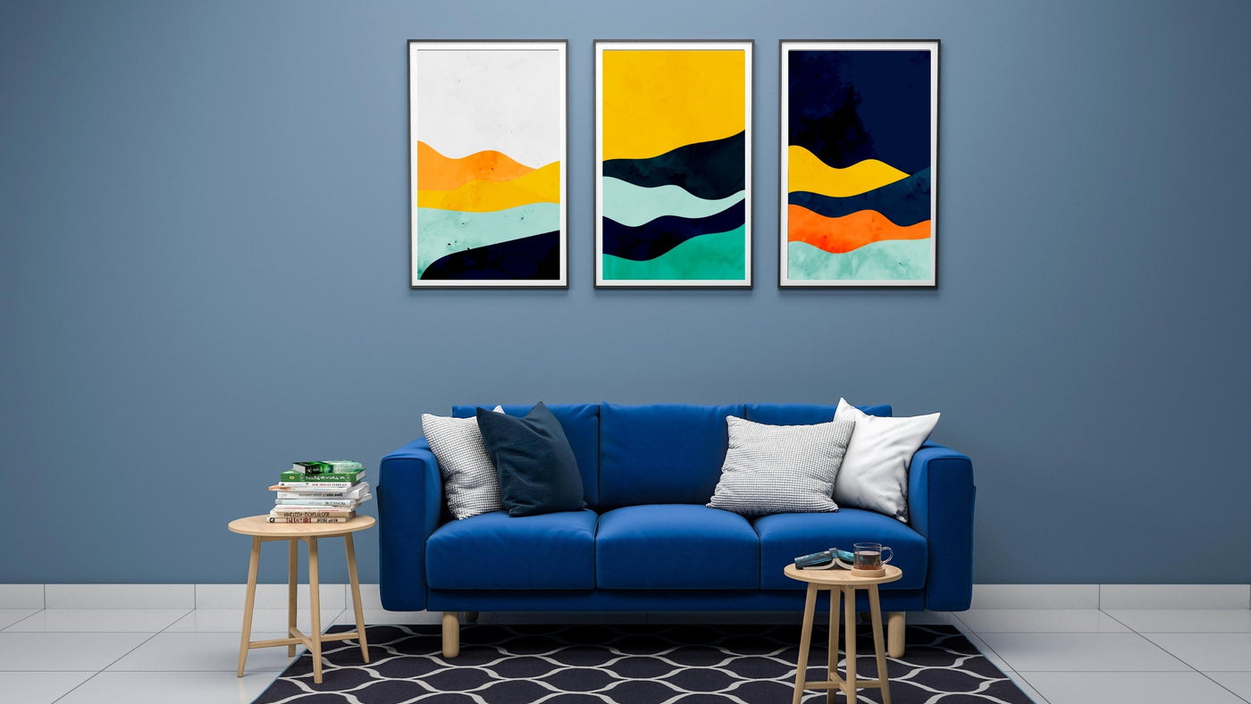 Poster Print Set in Blue Room with Blue Sofa