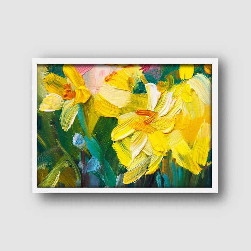Poster print of abstract daffodils in oil paint in white frame.