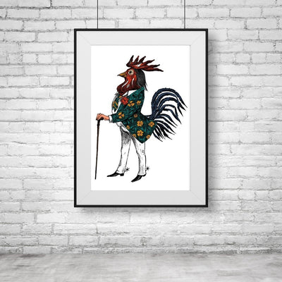 Poster Of Rooster in suit with cane hanging on white brick wall