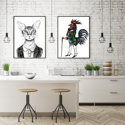 Poster Of Rooster in suit with cane and Cat in Suit on kitchen wall