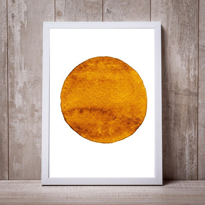 Poster print of Big Orange moon isolated on white background iiiin grey frame on wooden shelf.