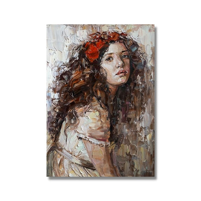 Girl with red flowers in hair portrait oil painting poster