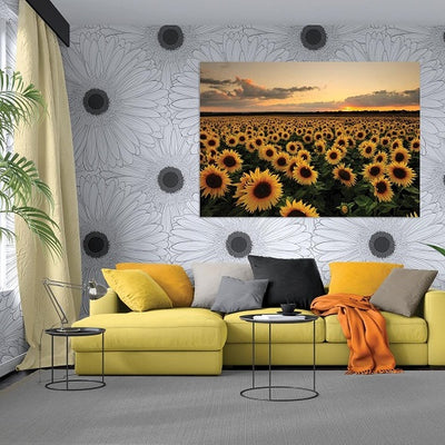 Black and White Sunflowers Removable Wallpaper in Living Room