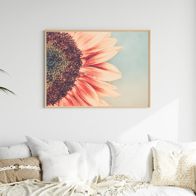 Blush Flower Wall Art Poster above Couch on Wall