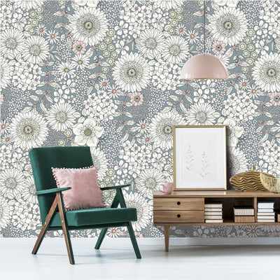 Cornflower and Friends Removable Wallpaper in Living  Room Setting
