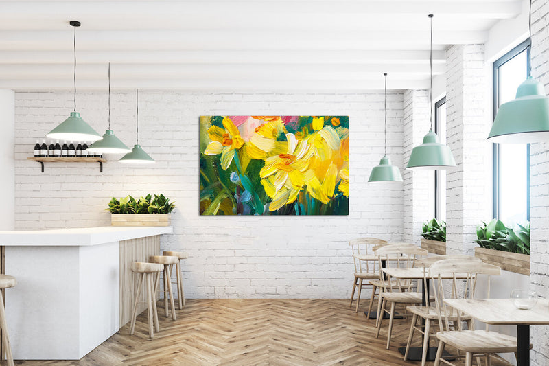 Large poster print of abstract daffodils on cafe wall