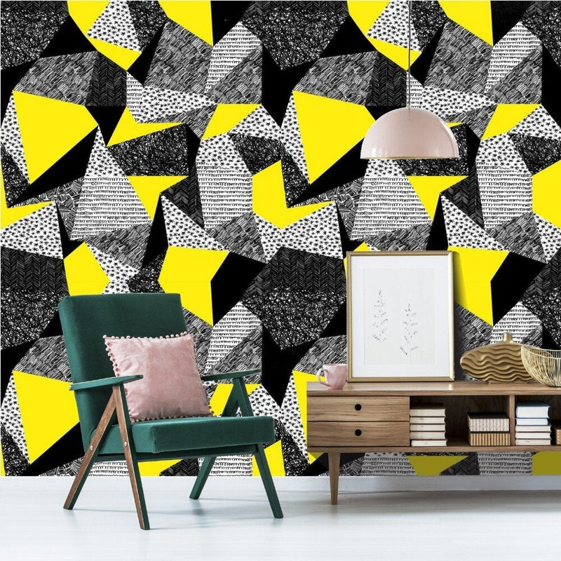 Geometric Yellow and Black Removable Wallpaper in Living Room Setting