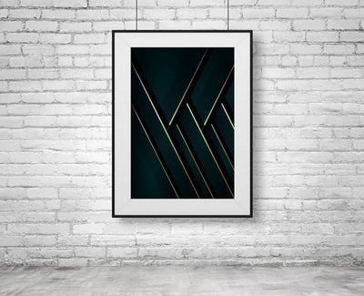 Green and Gold Art Deco Style Print on white brick wall