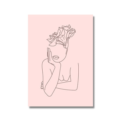 Black Line art on pink background of a lady art print