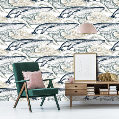 Japanese Whale Drawing Removable Wallpaper In Living Room Setting
