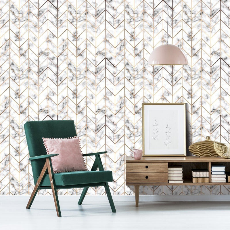 Marble and Gold Herringbone Removable Wallpaper in room