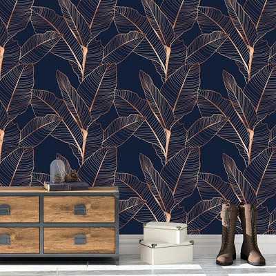 Navy and Gold Leaves Removable Wallpaper in Entry Way