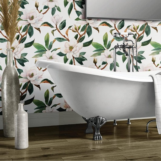 Painted Camellias Removable Wallpaper in Bathroom