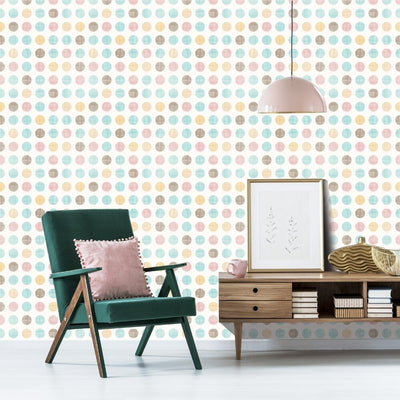 Pastel Polka Dots Vintage Removable Wallpaper in Living Room Setting