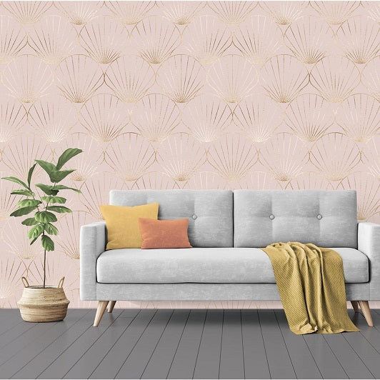Pink and Gold Shell Removable Wallpaper in Living Room