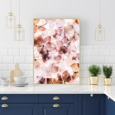 Poster Print Pink Hydranges in Kitchen Setting