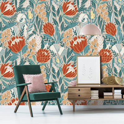 Red Protea Removable Wallpaper in Living Room
