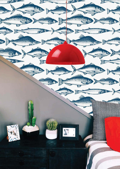 Quirky Blue Fish Removable Wallpaper in Bedroom