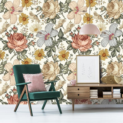 Removable Wallpaper Roses and Daisies in Living Room