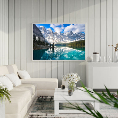Snow mountains and blue lake poster print