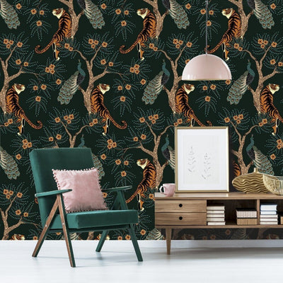    Tiger and Peacock Removable Wallpaper in Living Room