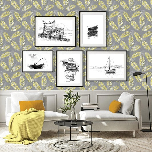 Yellow Feather Removable Wallpaper in Living Room