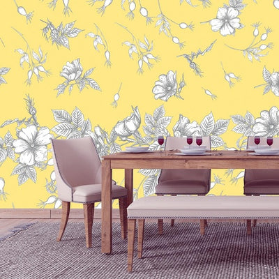 Yellow Floral Removable Wallpaper in Dining Room